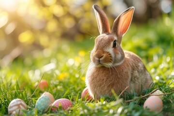 Obraz premium Cute Easter bunny with Easter eggs in green grass. Little rabbit sitting near to color eggs in meadow. Generated AI