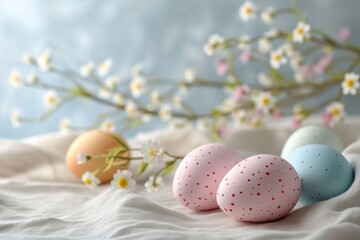 Fototapeta premium Easter eggs on light background. Composition with painted eggs on cement or stone background. Generated AI