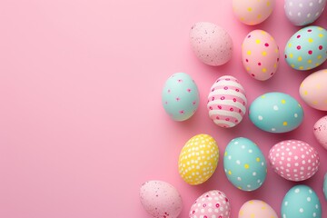 Fototapeta premium Decorated Easter eggs on pink background, top view. Flat lay composition with empty place for text. Generated AI
