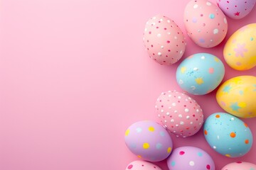 Obraz premium Decorated Easter eggs on pink background, top view. Flat lay composition with empty place for text. Generated AI