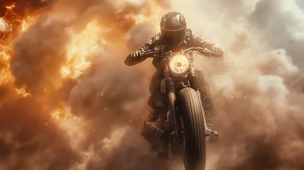 Tuinposter Action shot with man riding away from explosion on bike. Dynamic scene with fire in action movie blockbuster style © swillklitch