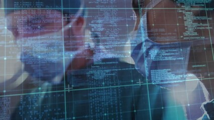 Animation of data processing over diverse male and female surgeon in operating theatre - Powered by Adobe