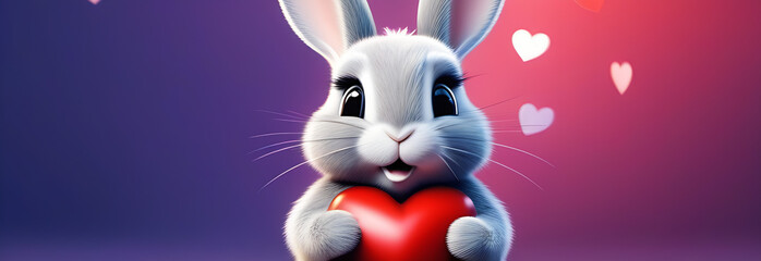 Beautiful small and cute bunny holding a heart. Love. Valentine's Day.  - obrazy, fototapety, plakaty