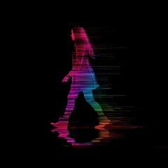 a single line art of a woman walking 18bits pixelated multi colour, black paper background. generative AI