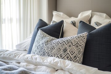 geometric pattern gray or black and white  pillows on bed