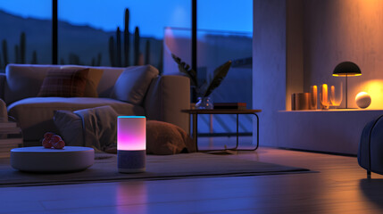 Voice activated smart speaker  Showcasing the speaker in a modern living room setting
