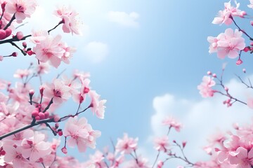 Artistic flower tree scenery with light pink flowers in full bloom in soft and beautiful clear spring weather