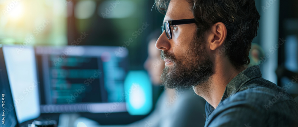 Wall mural a programmer engrossed in code on dual monitors, his dedication shining as bright as the screen's gl