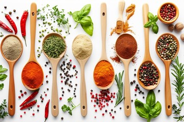 Top view of different spices in spoons on a white background - obrazy, fototapety, plakaty