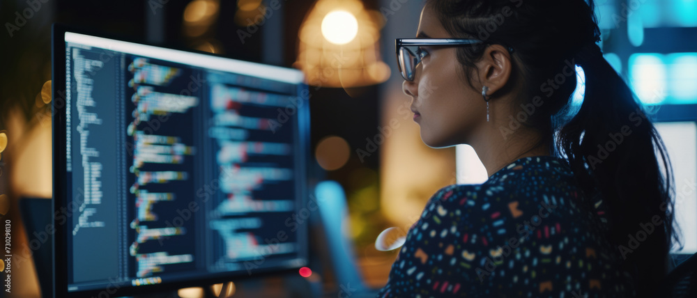 Wall mural a data analyst intently reviews complex code, her silhouette cast against the digital blueprints
