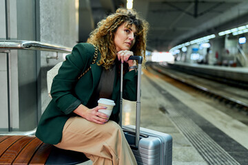 A weary businesswoman with curly hair sits, patiently awaiting her train at the station.