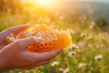 Woman holding honeycombs in her hands against the background of a green meadow, symbolizing harmony with nature and the sustainable practice of beekeeping, amidst a peaceful and floral landscape