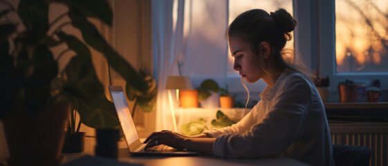 Quiet focus fills the evening as a woman works intently, the sunset's glow her only companion
