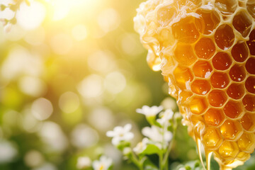 Close-up of honeycombs against a backdrop of a green meadow with flowers, highlighting the natural process of honey production and the beauty of sustainable beekeeping in a vibrant, floral setting