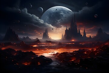 An unknown area on an exoplanet with a large moon, fog with large pointed buildings, and a dark, red atmosphere.
