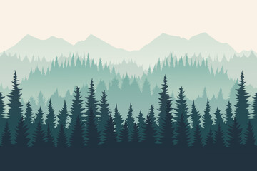 Beautiful silhouettes of a mountain forest in the fog early in the morning. Fir trees and pine trees against the backdrop of high mountains. Wildlife vector illustration. - obrazy, fototapety, plakaty