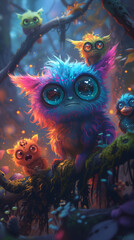 Curious, fluffy creatures with oversized eyes explore their twilight-tinged forest home.