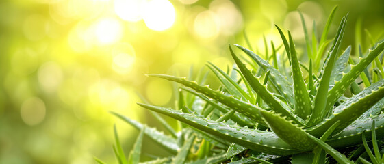 Lush aloe vera bathed in sunlight, droplets glisten on its medicinal leaves—a symbol of natural healing