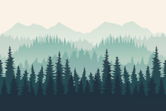 Beautiful Silhouettes Of A Mountain Forest In The Fog Early In The Morning. Fir Trees And Pine Trees Against The Backdrop Of High Mountains. Wildlife Vector Illustration.