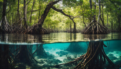 mangrove forest submerged underwater, showcasing nature's tranquility and biodiversity - obrazy, fototapety, plakaty