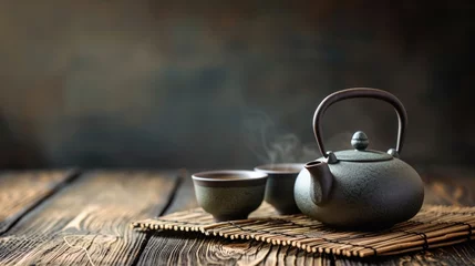 Schilderijen op glas A serene tea ceremony, with a traditional Chinese teapot and cups on a wooden table © olegganko