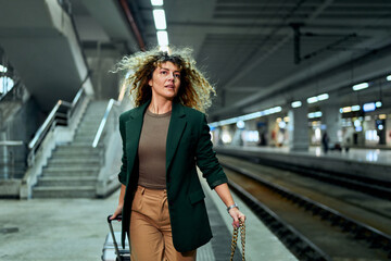 Fototapeta na wymiar In a rush at the subway station, a curly-haired woman in her 30s dashes with a travel suitcase, capturing the thrill of travel.