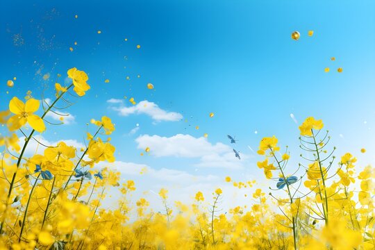 Yellow flowers under a clear blue sky full of warm spring energy