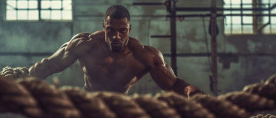 A boxer's muscular form exudes strength and focus, as he trains with gritty determination in the gym