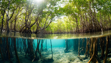 mangrove forest submerged underwater, showcasing nature's tranquility and biodiversity