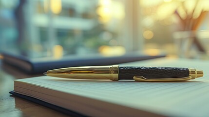 Strategic Planning: A pen poised on a notebook in a business setting, symbolizing thoughtful strategies and planning.