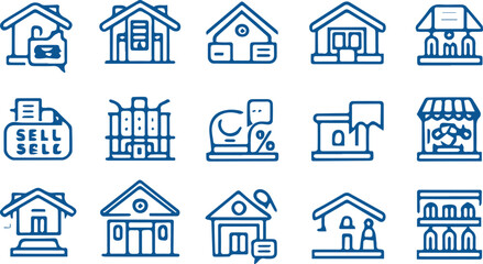 Real Estate Blue Icon set. House, Home, Buy, Sell, Rent, Smart Home, Renovation, Building, Mortgage, Skyscraper, Plot, Shop, Flat, Living Room, Bathroom. Two Tones Blue Vector Icons
