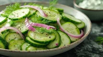 A refreshing cucumber salad with dill, red onion, and a yogurt-based dressing