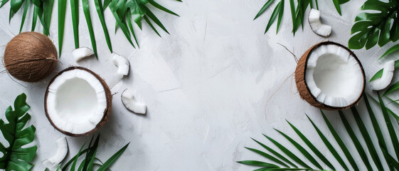 Fresh coconuts and tropical leaves on a light background, symbolizing natural health and beauty