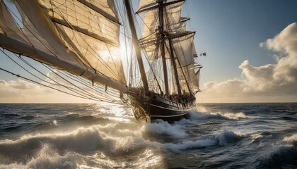 sailing ship in the sunset - obrazy, fototapety, plakaty