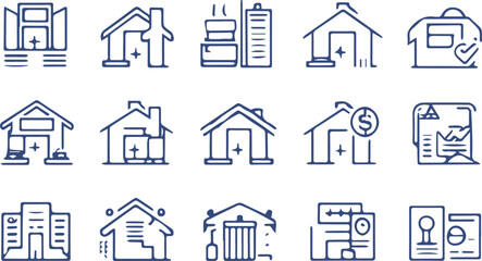 Real Estate Blue Icon set. House, Home, Buy, Sell, Rent, Smart Home, Renovation, Building, Mortgage, Skyscraper, Plot, Shop, Flat, Living Room, Bathroom. Two Tones Blue Vector Icons