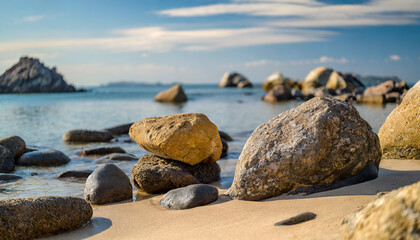 Fototapeta na wymiar rocks on sandy beach symbolize nature's diverse beauty