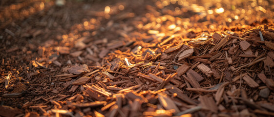 Golden sunlight filters through, casting a radiant glow over wood chips, a dance of light and shadow