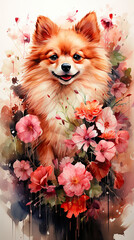 Happy little cream colored Pomeranian,Cute fluffy charming red-haired Spitz