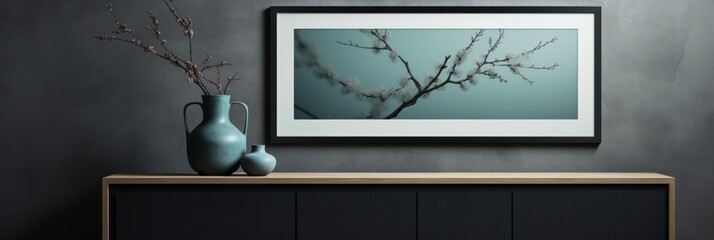 Black framed picture and vase near a wooden chest in a interior living room