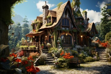 A quaint cottage with a flower garden in the countryside