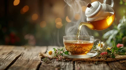 Zelfklevend Fotobehang A rustic teapot pouring hot herbal tea into a glass cup, steam rising gracefully © olegganko