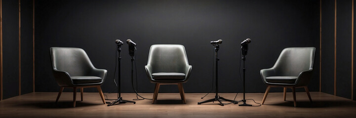 wo chairs and microphones in podcast or interview room isolated on dark background. ocal microphone...
