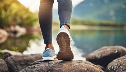 woman's legs walking by a serene lake, symbolizing freedom and adventure in nature