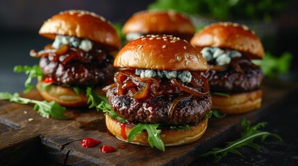 A gourmet slider trio featuring mini burgers with various toppings like blue cheese and caramelized onions