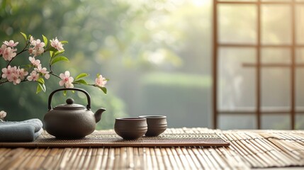 A serene tea ceremony, with a traditional Chinese teapot and cups on a wooden table - Powered by Adobe