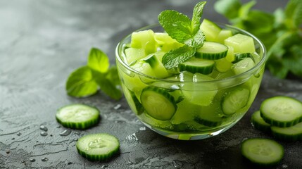 A refreshing cucumber and mint jelly salad, offering a unique twist on traditional gelatin desserts