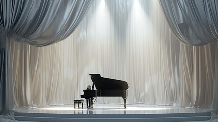 A music stage theater adorned with elegant drapery, featuring a grand piano bathed in the spotlight...