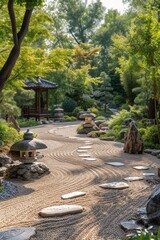 A peaceful Japanese garden with meticulously raked gravel and serene stone lanterns