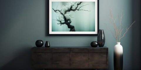 Black framed picture and vase near a wooden chest in a interior living room
