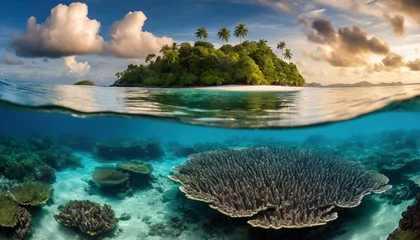 Fotobehang coral reef meets tranquil shores of tropical island under clear blue skies © Your Hand Please